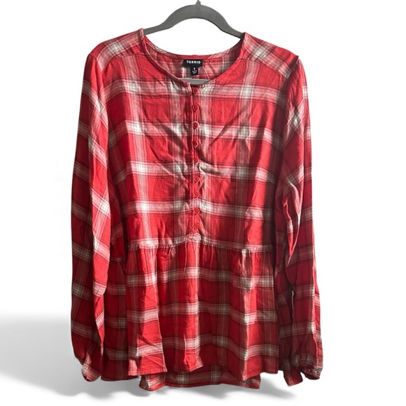 Torrid Red Plaid Flannel Pullover Blouse Long Sleeve Women’s Size 1X NWT - Picture 4 of 5